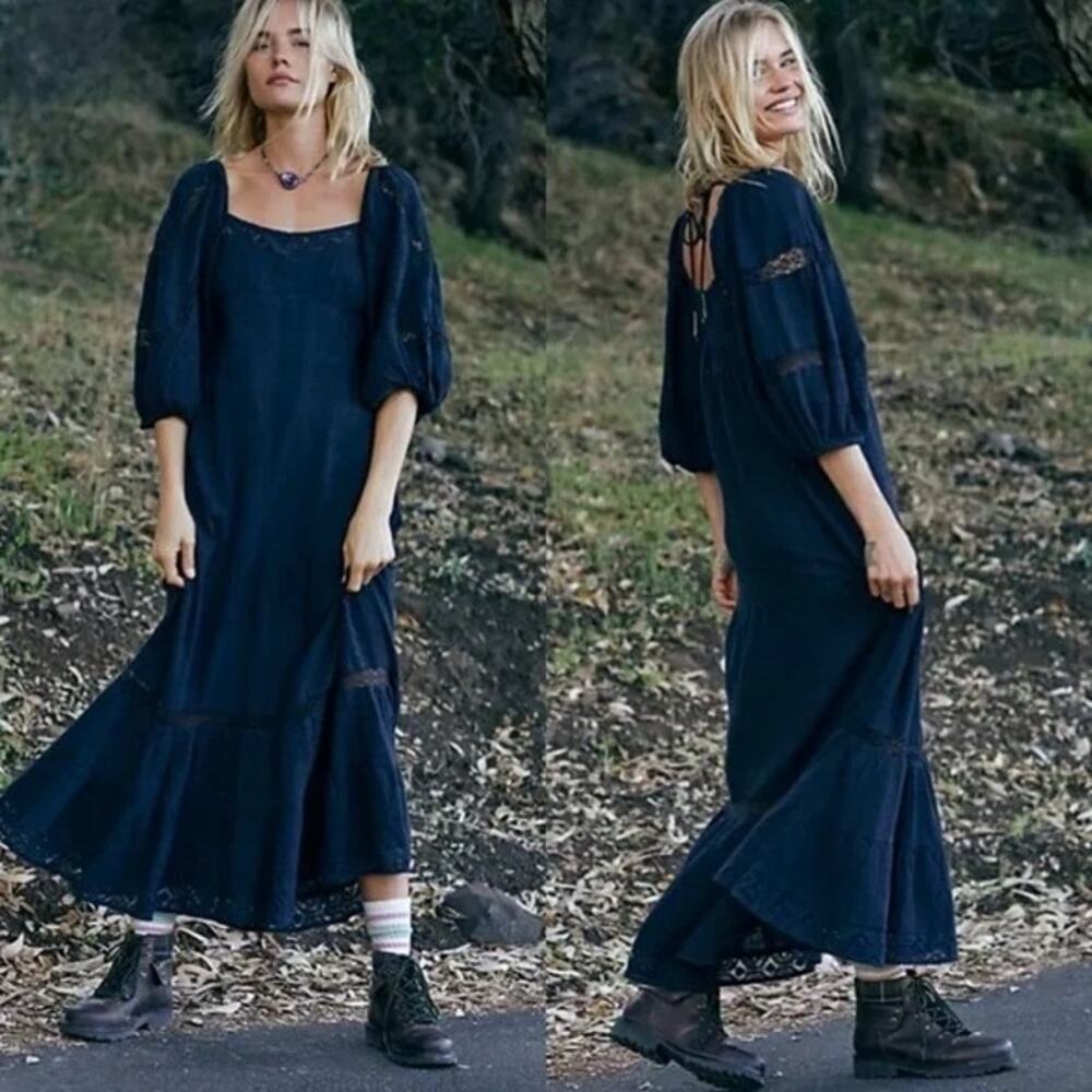 Free People All The Attitude Embroidery Boho Prairie Dress lace puff sleeve XS